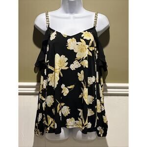 INC Yellow Floral Cold Shoulder Blouse – Chain Strap Ruffle Top – Women’s M